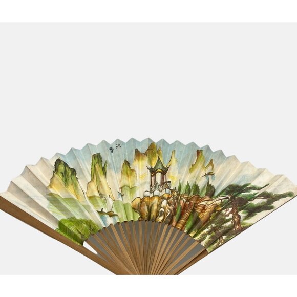 Hand-Painted Decorative Folding Hand Fan Chinese Landscape Paper & Bamboo 18" - Picture 2 of 9